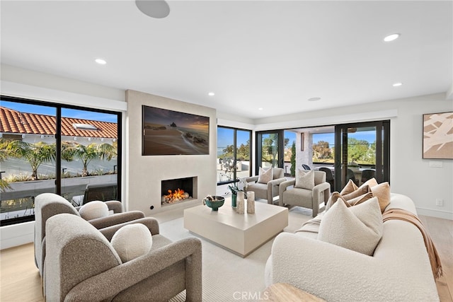 living room with light wood-type flooring and a large fireplace