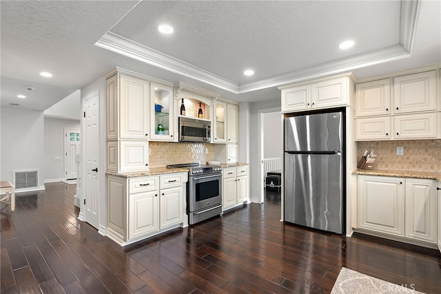 kitchen featuring light stone counters, stainless steel appliances, and a tray ceiling