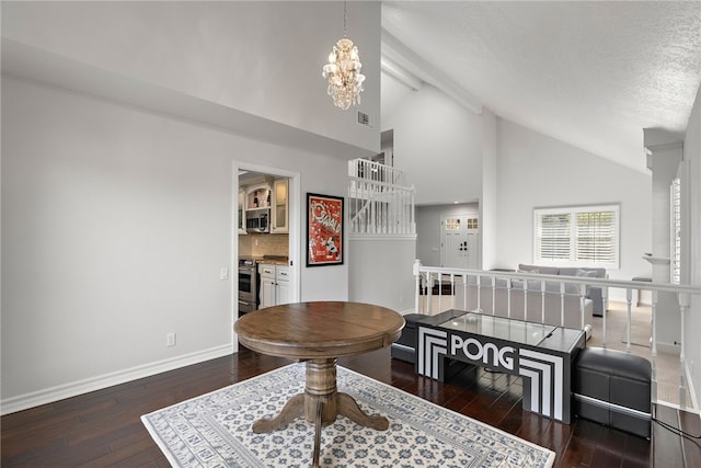 dining area with high vaulted ceiling, a textured ceiling, dark hardwood / wood-style flooring, a notable chandelier, and beamed ceiling