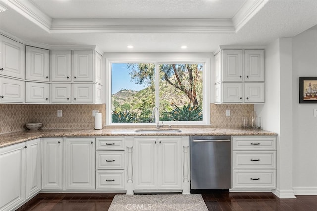 kitchen with sink, a tray ceiling, dark wood-type flooring, and dishwasher