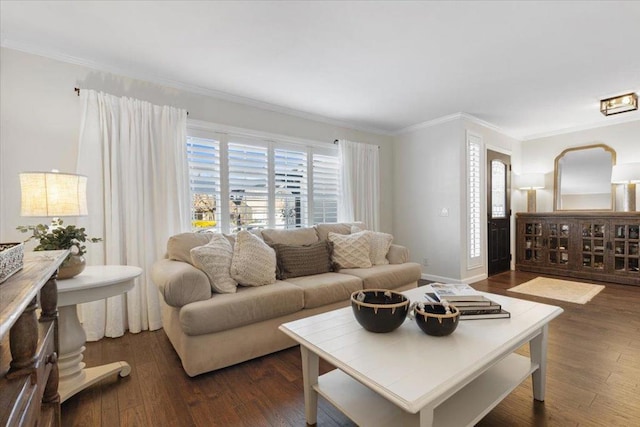 living room with dark hardwood / wood-style flooring and ornamental molding