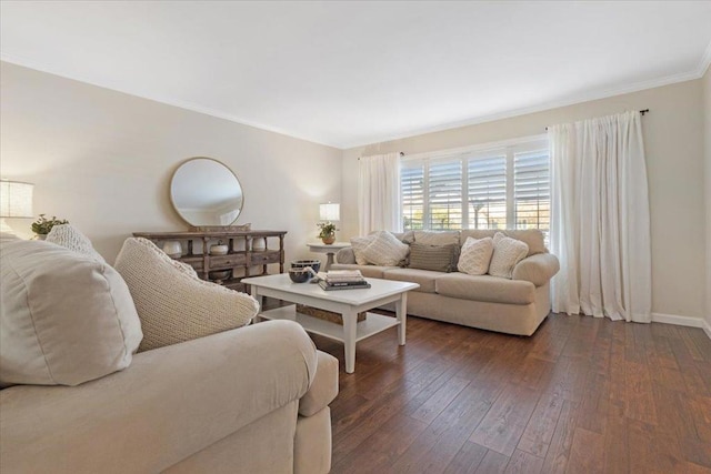 living room featuring crown molding and dark hardwood / wood-style floors