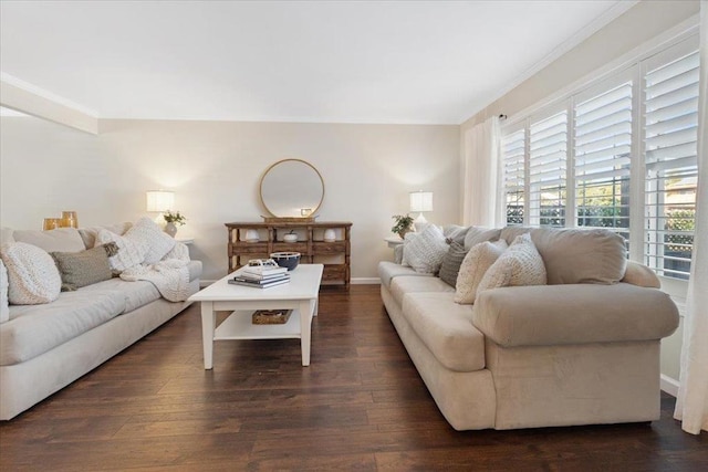 living room with crown molding and dark hardwood / wood-style floors