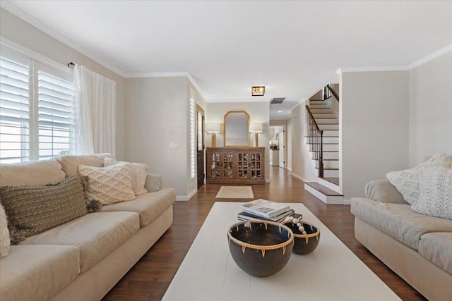 living room featuring crown molding and dark hardwood / wood-style floors