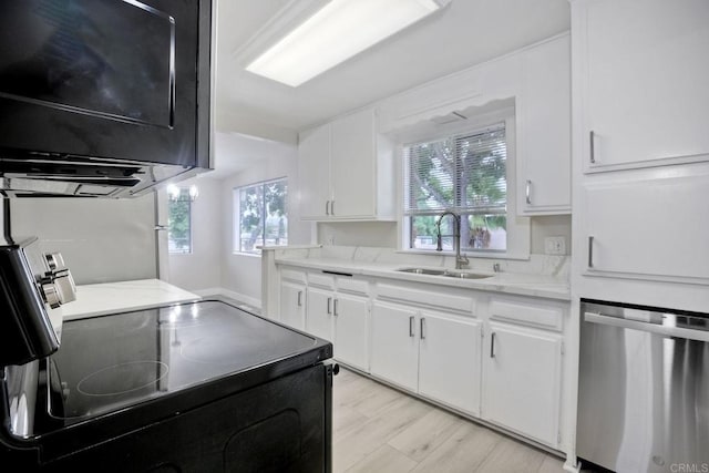 kitchen with sink, black electric range, light hardwood / wood-style flooring, dishwasher, and white cabinets