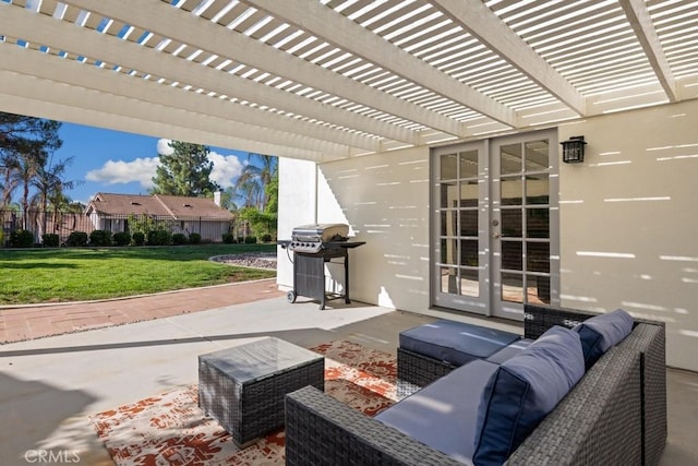 view of patio / terrace with french doors, area for grilling, outdoor lounge area, and a pergola