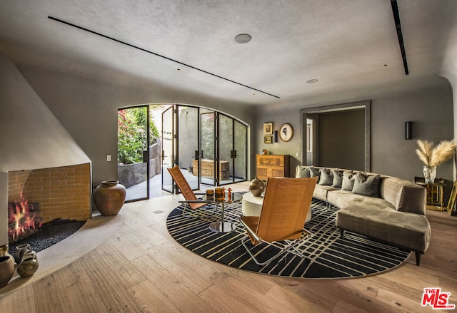 living room with wood-type flooring and a fireplace