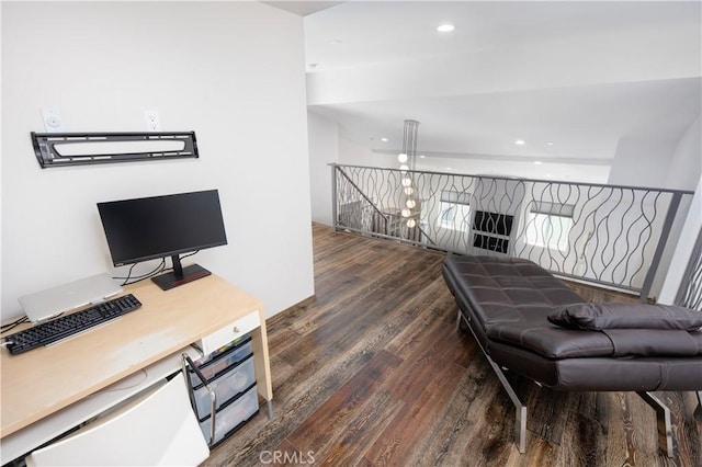 office area featuring dark wood-style floors and recessed lighting