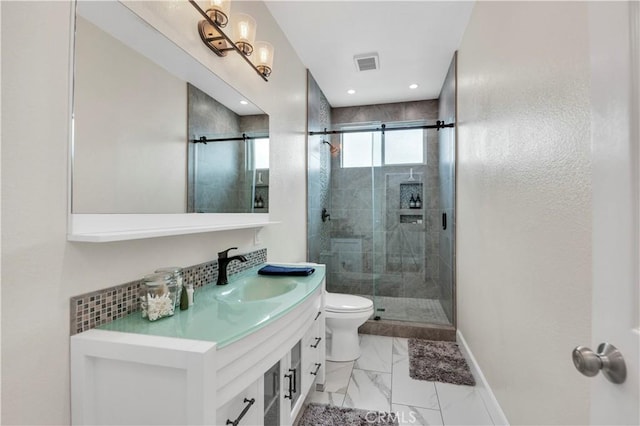 bathroom featuring vanity, visible vents, a shower stall, toilet, and marble finish floor