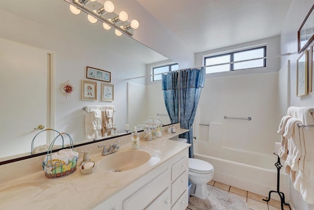 full bathroom with tile patterned flooring, vanity, shower / bath combination with curtain, and toilet