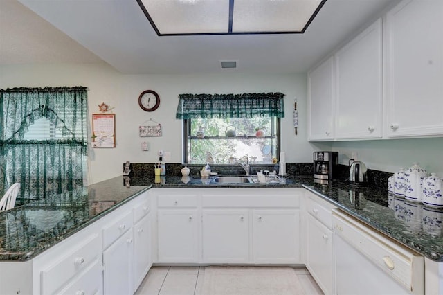 kitchen with white cabinetry, dishwasher, kitchen peninsula, and dark stone counters