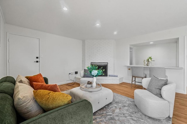 living room with hardwood / wood-style flooring and a fireplace