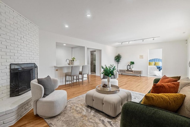 living room featuring a fireplace, light hardwood / wood-style flooring, and sink