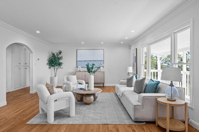 living room featuring crown molding and light hardwood / wood-style flooring