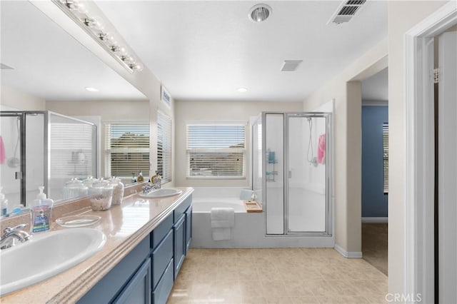 bathroom with vanity and plus walk in shower