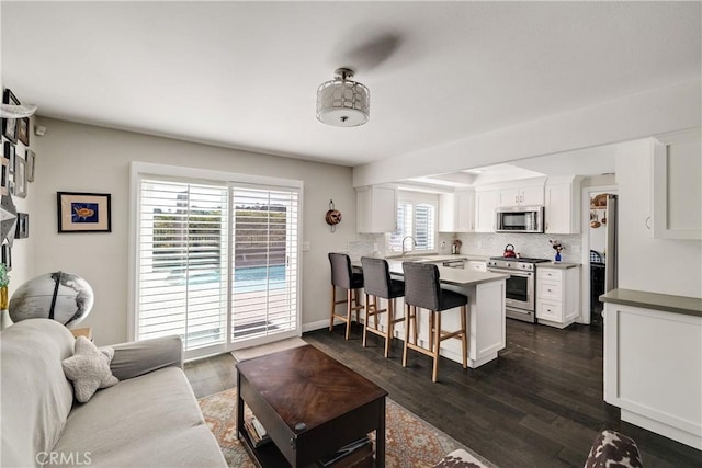 living room with dark wood-type flooring and sink