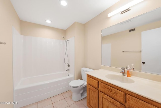 full bathroom with shower / bath combination, vanity, tile patterned floors, and toilet