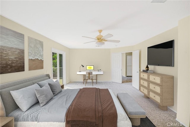 carpeted bedroom with access to exterior and ceiling fan