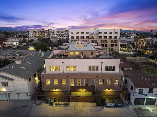 view of aerial view at dusk