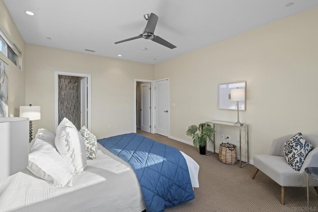 carpeted bedroom with ceiling fan