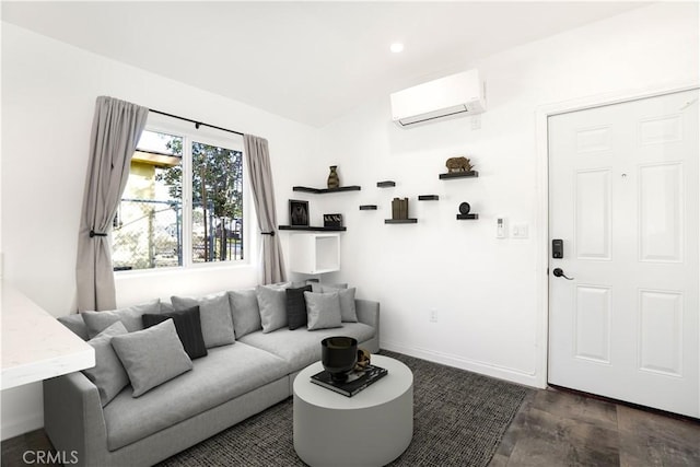 living room featuring dark wood-type flooring and an AC wall unit