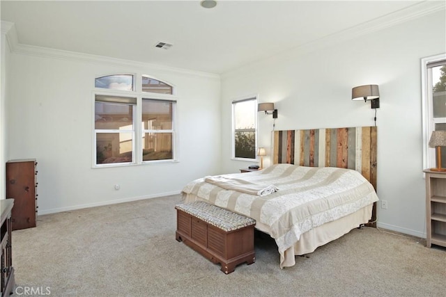 carpeted bedroom featuring ornamental molding