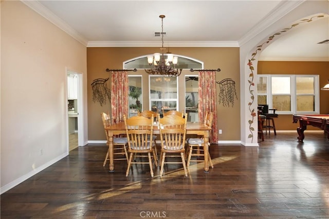 dining area featuring crown molding, pool table, a notable chandelier, and dark hardwood / wood-style flooring