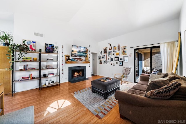 living room with hardwood / wood-style flooring, a fireplace, and vaulted ceiling