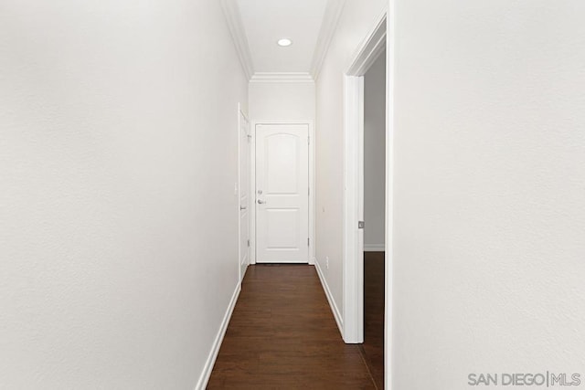 hallway featuring ornamental molding and dark wood-type flooring