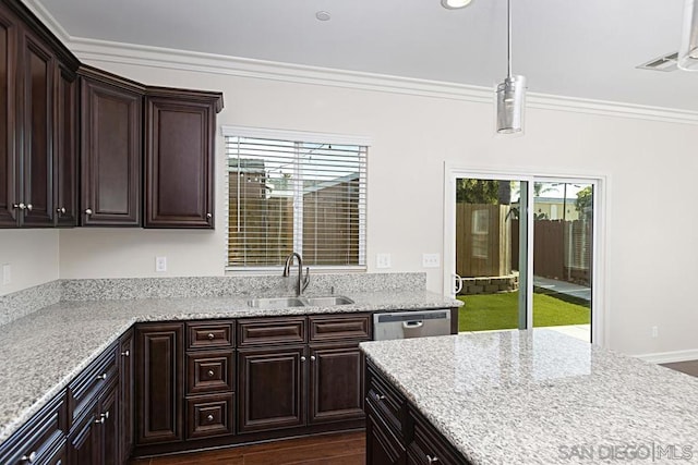 kitchen featuring sink, crown molding, dishwasher, light stone counters, and dark hardwood / wood-style flooring