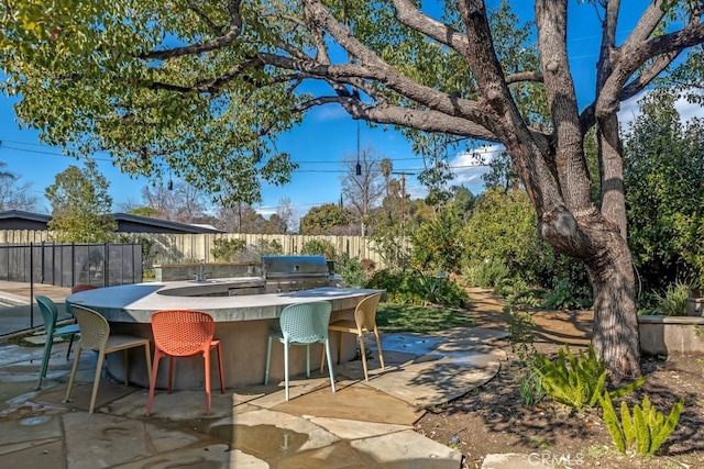 view of patio / terrace with area for grilling, an outdoor bar, and an outdoor kitchen