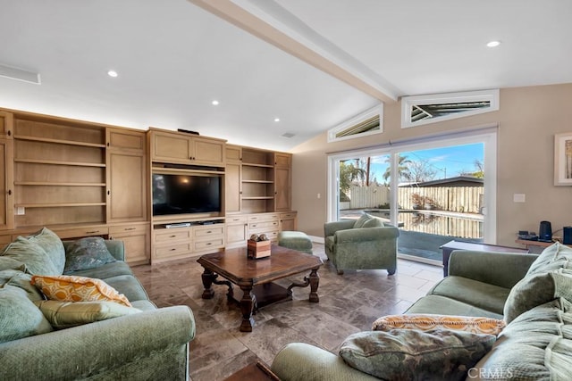 living room with vaulted ceiling with beams