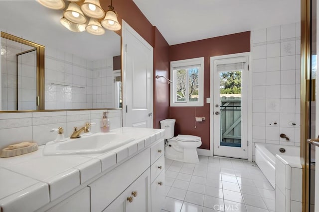 full bathroom featuring tile walls, decorative backsplash, vanity, toilet, and tile patterned floors