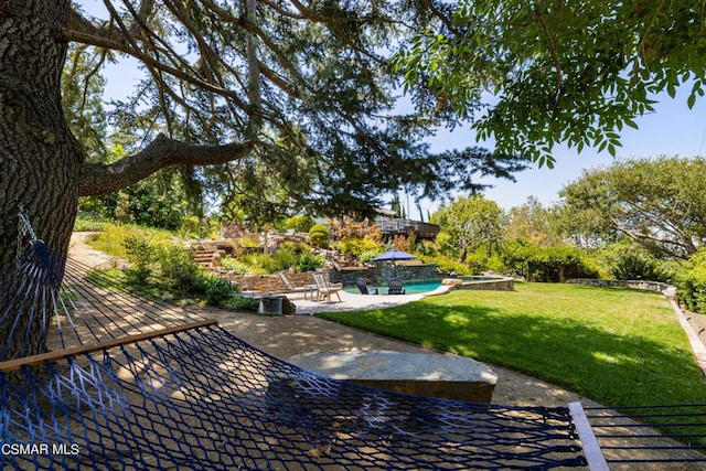 view of property's community with a swimming pool, a lawn, and a patio area