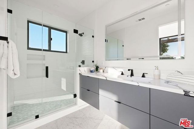 bathroom featuring a shower with door, vanity, and a healthy amount of sunlight