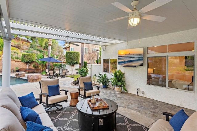 view of patio / terrace featuring outdoor lounge area and a pergola