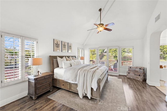 bedroom featuring ceiling fan, wood-type flooring, high vaulted ceiling, and access to outside