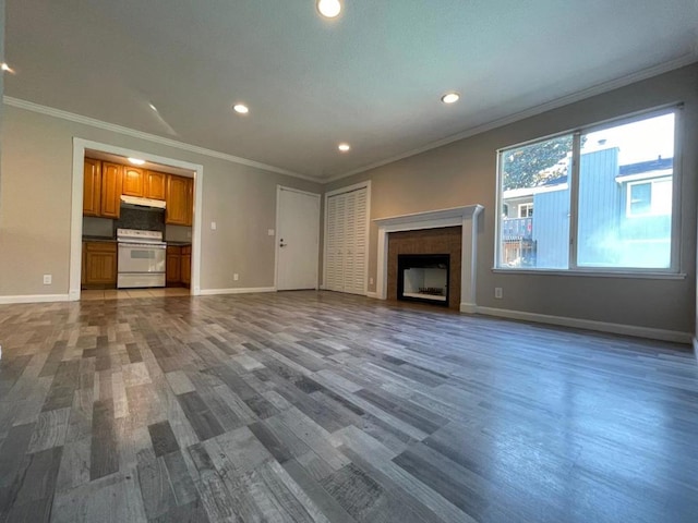 unfurnished living room featuring ornamental molding and dark hardwood / wood-style floors