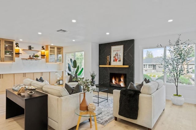 living room with a fireplace and light hardwood / wood-style flooring