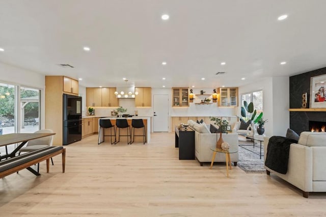 living room with a fireplace and light hardwood / wood-style flooring