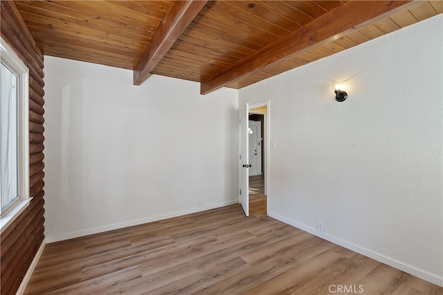 unfurnished room with log walls, light hardwood / wood-style flooring, wooden ceiling, and beamed ceiling