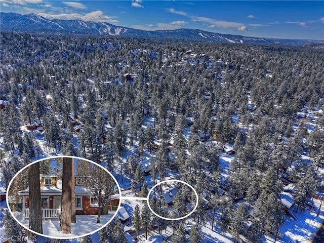 snowy aerial view with a mountain view