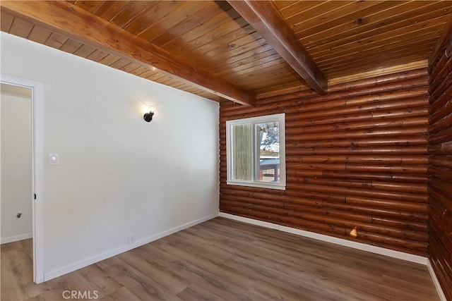 spare room with dark hardwood / wood-style flooring, wood ceiling, and beam ceiling