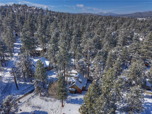 snowy aerial view with a mountain view