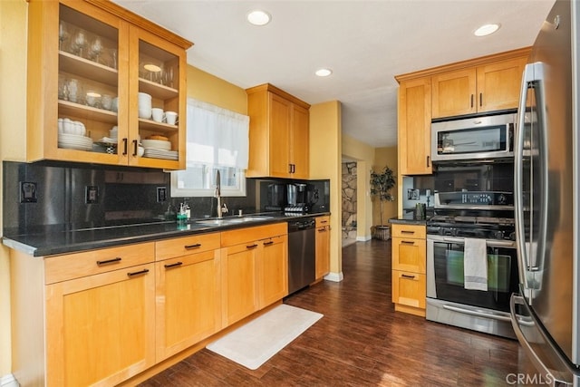 kitchen with appliances with stainless steel finishes, sink, dark wood-type flooring, and decorative backsplash