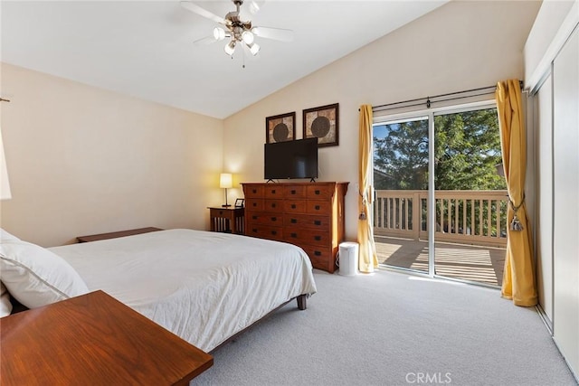 bedroom with ceiling fan, lofted ceiling, access to exterior, and carpet