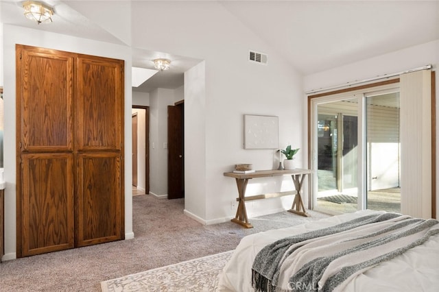 bedroom featuring light colored carpet, visible vents, baseboards, vaulted ceiling, and access to outside