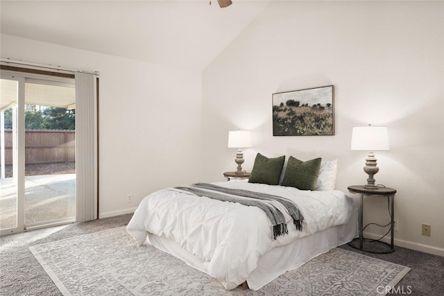 bedroom featuring lofted ceiling, access to outside, baseboards, and carpet flooring