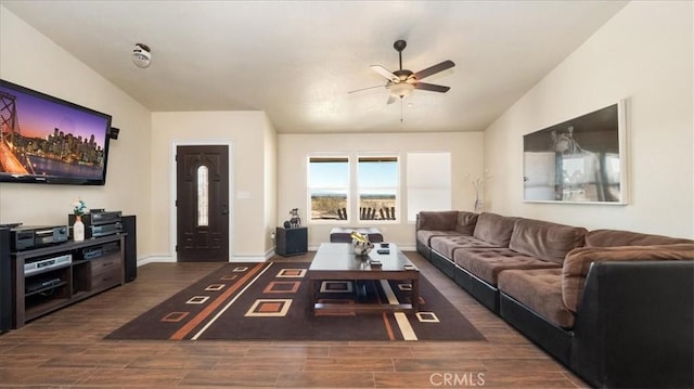 living room with vaulted ceiling and ceiling fan