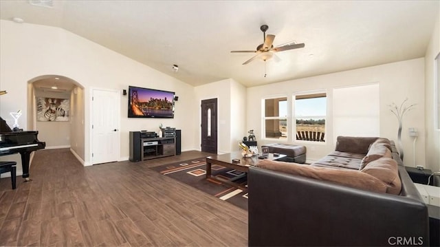 living room featuring lofted ceiling, dark hardwood / wood-style floors, and ceiling fan